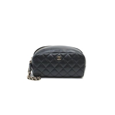 CHANEL CAVIAR QUILTED TOILETRY CASE WITH CHAIN BLACK (18*10*10cm)